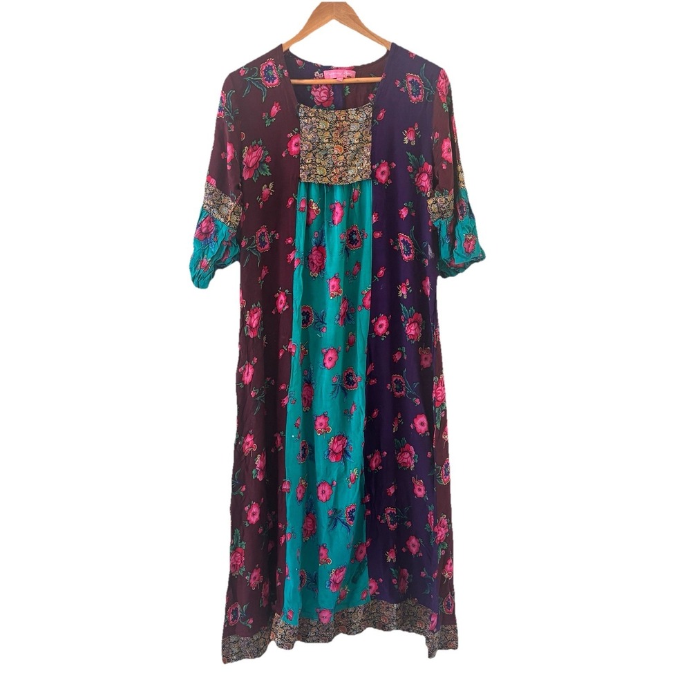 Womens Boho Patchwork Maxi Dress M‎ Mixed Media Floral Peasant Hippie FLAWS